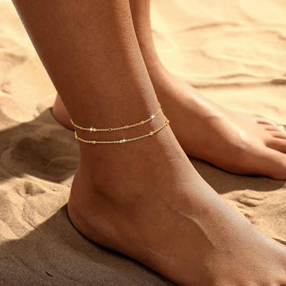 Warshion Ankle Bracelets for Women - 14K Gold Plated Waterproof Gold Anklet Delicate Chain Women's Anklets Summer Beach Pearl Jewelry Layering Gift Non Tarnish - style: ANKLETS-C