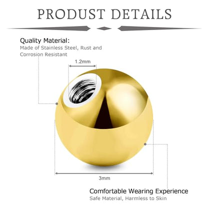 vcmart 16G 3mm Replacement Balls & 14G 5mm Piercing Balls Externally Threaded Nipple Industrial Tongue Belly Nose Lip Ear Piercing Barbell Parts - color: 2 -16G, 3mm balls, gold 20pcs