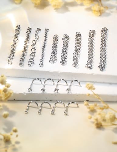 20/18G Nose Rings Chain Across Nose Piercings for Women Men Surgical Steel Double Chains Corkscrew l Shaped Bar - size: Corkscrew, 18g(1.0mm)
