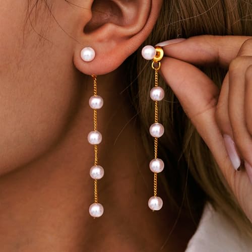 HAXIYA Gold Pearl Y-Shaped Necklace for Women Layered Lariat Long Pendant | 14K Gold Plated/Sterling Silver Dainty Drop Chain Layered Pearl/Beaded Necklaces Simple Gold Jewelry for Women - color: Pearl Set - Gold
