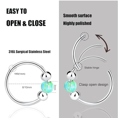 2 Pcs Small Cartilage Hoop Earrings for Women Men, 18G Opal Silver Earrings Hypoallergenic 316L Surgical Steel Hinge Huggie Hoop Earrings for Helix,Tragus,Conch,Rook,Earlobe Piercing Jewelry Nose Ring - style: 2Pcs 8mm Green Opal/Silver