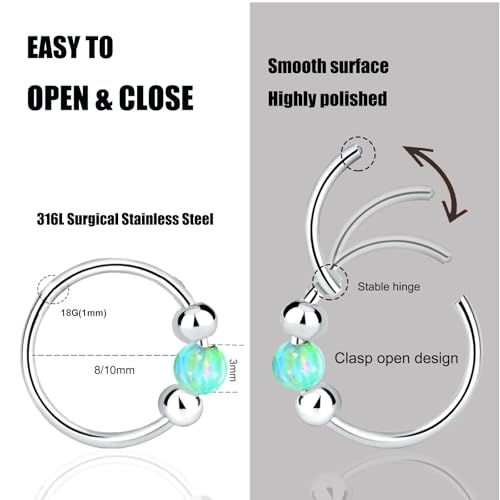 2PCS 18G Opal Cartilage Hoop Earrings, Hypoallergenic Silver Huggie Hoops | 316L Surgical Stainless Steel, 8mm 10mm sizes, hinged closure for easy wear, helix, tragus, conch, nose and daily styling - style: 2Pcs 8mm Green Opal/Silver