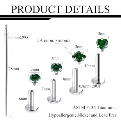 Titanium Flat Back Lip Rings Internally Threaded Earrings Studs Nose Rings 20G 18G 16G Round Heart Square CZ Tragus Cartilage Lobe Rook Helix Conch Labret Medusa Piercing Jewelry for Women Men - color: Green CZ, size: 20G-6/8/10mm