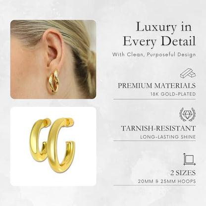 Small Gold Hoop Earrings for Women | 18K Gold Plated Non Tarnish Hoops, Classic Polished Huggie Earrings, 925 Sterling Silver Base, Twist Hoop. (4x20mm & 4x25mm, 3x15mm & 3x20mm) - color: Gold, size: Polish Hoop (4x20mm & 4x25mm)