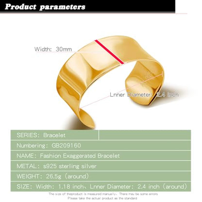 Dankadi Women 925 Sterling Silver Curved Bangle 30MM Wide Grooved Cuff Bangle Shiny Punk Open Bracelet Adjustable Plated 24k Gold/Rose Gold Jewelry Gift - color: Gold