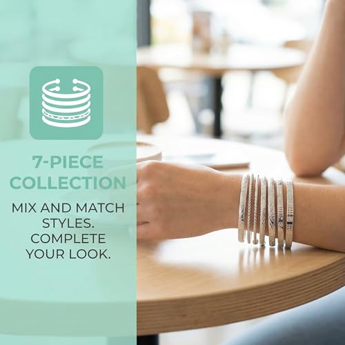 14k Gold-plated multi-layer stackable cuff Bracelet Sets for Women Adjustable Bohemian Open Bangle-Bracelets - color: silvery