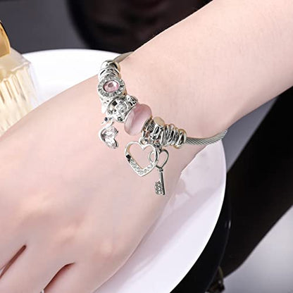 DS Charm Bracelets for girls,exquisite cute cartoon friendship bracelets Silver Stainless Steel Bangle with birthday Gift box, Adjustable girls jewelry Suitable for holiday gifts - style: Silver-Pink Swan