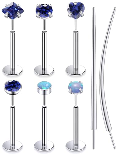 F136 Titanium 20/18/16g Internally Threaded Medusa Monroe Lip Ashley Labret Nose Rings Flat Back Tragus Helix Cartilage Conch Screw Stud Earrings Surgical Steel Piercing Jewelry for Women - color: Blue CZ, size: 16g*3/8in