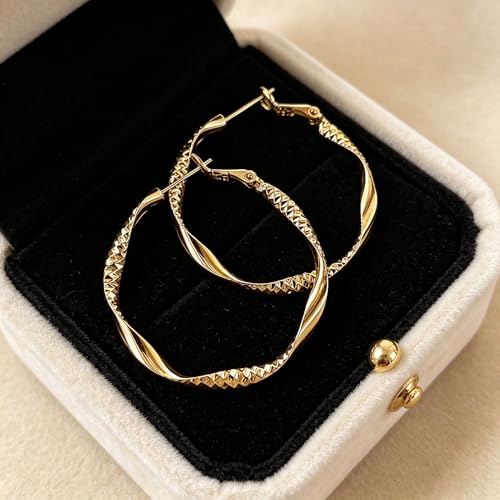 Women's Gold and Silver Twisted Hoop Earrings, 14K Gold Plated Textured Earrings, Hypoallergenic Lightweight Fashion Jewelry, Suitable for Daily Wear, Party, Wedding or as a Gift for Women - color: Gold