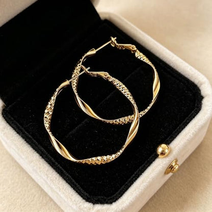 Women's Gold and Silver Twisted Hoop Earrings, 14K Gold Plated Textured Earrings, Hypoallergenic Lightweight Fashion Jewelry, Suitable for Daily Wear, Party, Wedding or as a Gift for Women - color: Gold