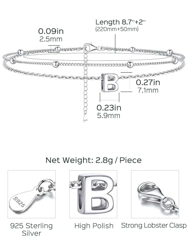 ChicSilver Ankle Bracelets for Women Waterproof, 925 Sterling Silver Initial Anklets for Women, Adjustable Dainty Layered Anklet Beach Jewelry for Women Mom Wife Friend - style: Silver-B