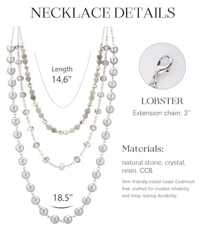 Noessla Layered Beaded Necklaces for Women - 3 Strand Boho Statement Choker Fashion Jewelry Gifts - color: Silver