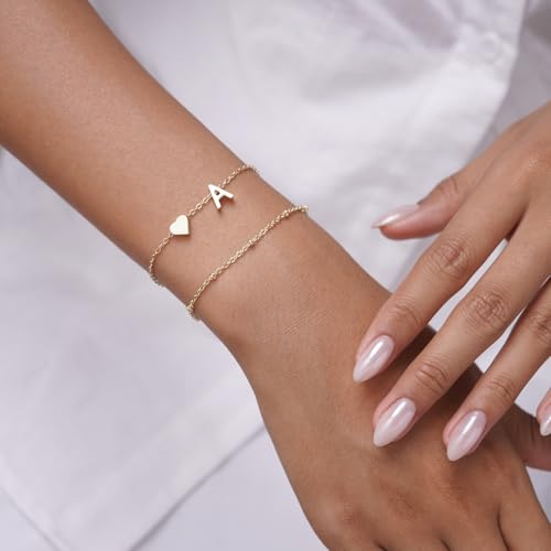 Gold Initial Bracelets for Women Trendy, Dainty Layered 14K Gold Plated Heart Letter Charm Bracelets, letter beads for name bracelets Jewelry Gifts - color: Gold-H