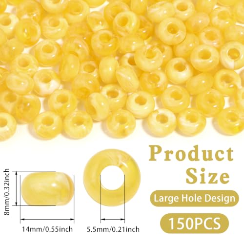 150PCS 14x8mm Yellow Acrylic European Large Hole Rondelle Spacer Beads with Storage Box, Loose Beads for Bracelet Necklace Earring Hair DIY Jewelry Making - color: Yellow