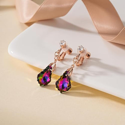 Austrian Crystal Baroque Drop Clip On Dangle Earrings for Women Non Pierced 14K Rose Gold Plated Hypoallergenic Jewelry - color: Vitrail Medium