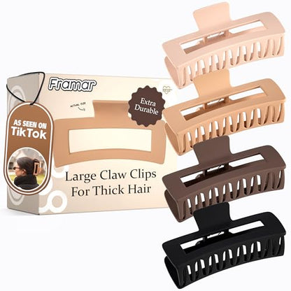 FRAMAR Extra Large Claw Clips For Thick Hair, Hair Claws Pack, Hairclips | Large Hair Clips For Thick Hair, Claw Clip Pack, Hairclips. For Women, Ganchos Para El Cabello, Non Slip Matte Finish - color: Neutral - Rectangle