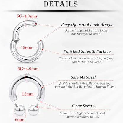 18G-2G Septum Rings 316L Surgical Steel Horseshoe Gauges Earrings Septum Nose Ring Silver Cartilage Helix Tragus Daith Rook Earring Hoop Lip Piercing Jewelry for Women Men - style: 6G(4.0mm)-Dia:12mm