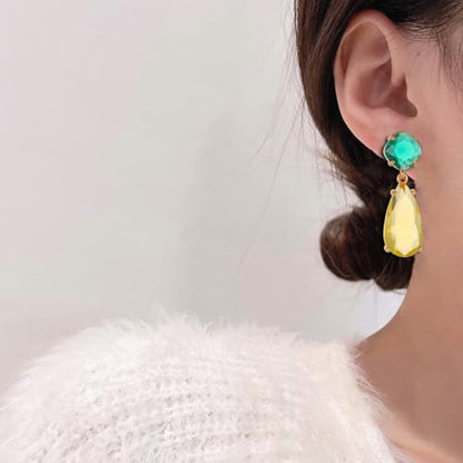 Crystal Earrings CXUEMH Teardrop Earrings for Women Blue and Green Dangle Earrings Elegant Earrings for Prom Emerald Green Earrings Formal Jewelry Crystal Drop Earrings - color: green and yellow