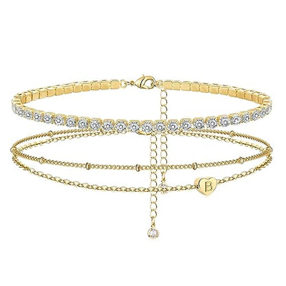 Yanoda Initial Ankle Bracelets for Women, 14K Gold Plated Waterproof Dainty Layered Heart Letter Initial Anklets Personalized Gifts - color: B
