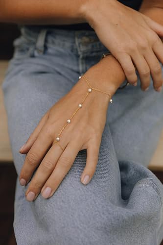 Gold Pearl Hand Chain Bracelet for Women, Adjustable Ring Chain | 14K gold-plated hand chain with pearl accents, adjustable for weddings, parties, birthdays, and daily wear - color: Pearl Chain Bracelet-GD