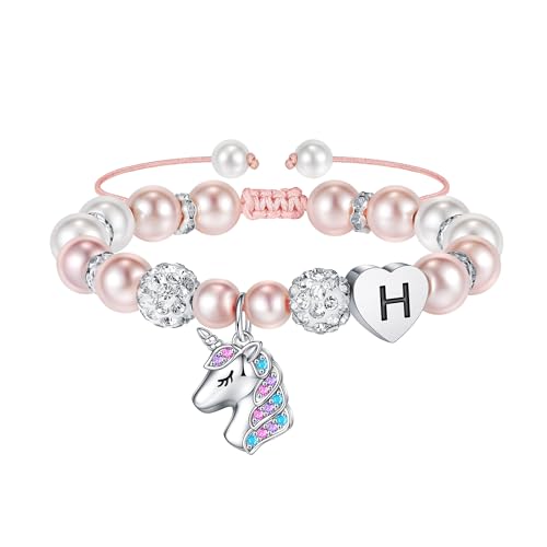 Hidepoo Gifts for Kids Girls - Unicorn Bracelets for Girls Kids, CZ Initial Unicorns Bracelet Adjustable Heart Initial Unicorn Bracelets Jewelry Birthday Gifts for Girl - style: H