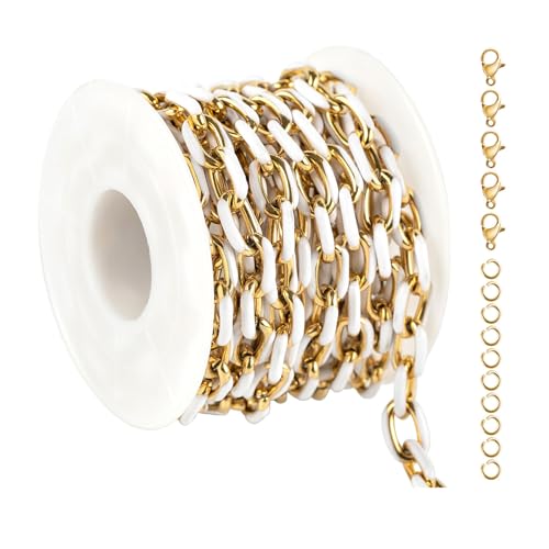 UMAOKANG 2 Meters White Enamel Gold Paperclip Chain for Jewelry Making | PVD Gold Plated Stainless Steel Chains Bulk on Spool Oil Drip Decorative Craft Chain Roll - color: White