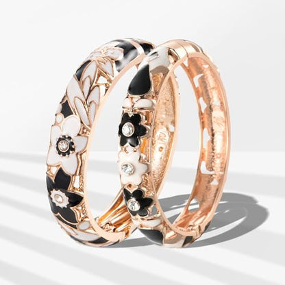 UJOY Handcraft Cloisonne Jewelry Bracelet Colorful Enamel Butterfly Flower Bird Hollowed Spring Hinged Cuff Bangles Women Gifts Pack in Box 88A11 - color: A11-2 Pcs/set-Black