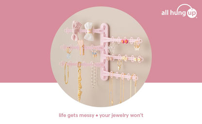 6-Tier Hanging Wall Jewelry Organizer, Earring, Necklace, Ring Holder-Pink | Large Capacity with 120 Earring Holes, Rotating Branches, Includes 3M Command Strips, Bracelet, Ring & Necklace Storage - color: 6-Tier Pastel Pink