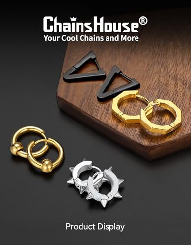 ChainsHouse Stud Earrings for Men Women,316L Stainless Steel/14K Gold/Black Plated Metal, Punk Hypoallergenic Surgical Huggie Hoop Earrings Mens Jewelry Piercing Hoop Earrings - style: F: Silver-Different Disign(4 Pairs)