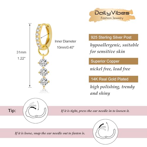 DAILY VIBES Cute Butterfly Star Cross Heart CZ Dangle Earrings for Women | 925 Sterling Silver Post, 14K Gold or Silver Plated, Mini Cubic Zirconia Dainty Drop, Cartilage Small Huggie Hoop Earrings - color: Gold Three Stones