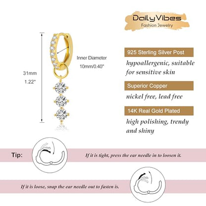 DAILY VIBES Cute Butterfly Star Cross Heart CZ Dangle Earrings for Women | 925 Sterling Silver Post, 14K Gold or Silver Plated, Mini Cubic Zirconia Dainty Drop, Cartilage Small Huggie Hoop Earrings - color: Gold Three Stones