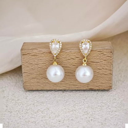 Pearl Earrings for Women Trendy, 14k Gold Plated Freshwater CZ Leaf Pearl Dangle Drop Gold Earrings Lightweight Hypoallergenic Stud Earring Bridesmaid Wedding Gold Jewelry for Women Gifts - style: cz big pearl earrings