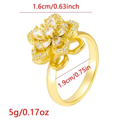 Sunflower Fidget Ring for Women Gold Anxiety Crystal Rings Cubic Zirconia Sunflower Open Adjustable Fidget Ring Spinner Sun Ring for Men Trendy Jewelry - color: White