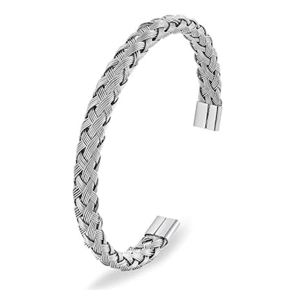 Stainless Steel Braided Cable Cuff Bangle Bracelet, Adjustable, Mens Womens, Minimalist - color: Silver Color