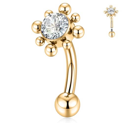 PEAKLINK G23 Titanium Belly Button Ring 14G Belly Piercing Jewelry Belly Barbell Navel Ring Navel Barbell Stud 8mm 10mm 12mm - color: Style2:Gold with Clear CZ