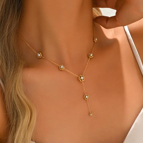 Dainty 18K Gold Plated Lariat Necklace for Women Delicate Y Chain Rose Pearl Diamond Long Drop Necklace Layering Bridal Jewelry Gift - color: Rose-Gold