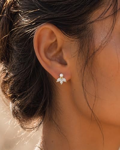 Pearl Earrings - 14k Gold or White Gold Plated Sparkle Cubic Zirconia Dainty Pearl Stud Earrings for Women Wedding Party Bridal - color: silver leaf
