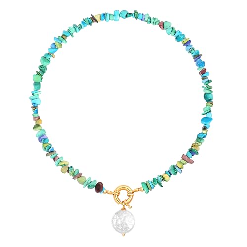 Aobei Pearl 18K Gold Plated Pendant Necklace for Women Dainty Gold Chain Choker Love Heart Disc Coin Pearl Cross Toggle Jewelry - style: Colorful Turquoise Coin Pearl