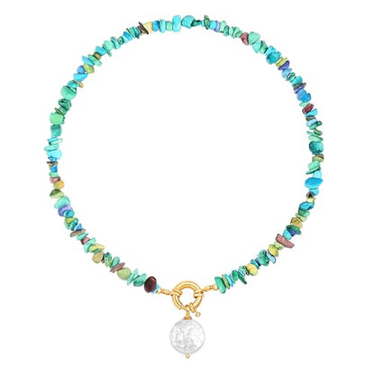 Aobei Pearl 18K Gold Plated Pendant Necklace for Women Dainty Gold Chain Choker Love Heart Disc Coin Pearl Cross Toggle Jewelry - style: Colorful Turquoise Coin Pearl