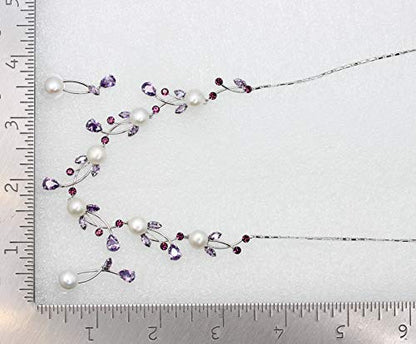Faship Genuine 10mm Freshwater Pearls Floral Necklace Earrings Set | Premium CZ Crystal, Gorgeous, Sparkling - color: Purple