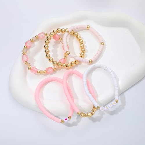 Summer Surfer Heishi Bracelet Set for Women Stackable Gold Plated Clay Ploymer Bead Stretch Pink Beach Layering Bracelets Jewelry - color: B-A6 plastic 6pcs