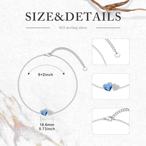 925 Sterling Silver Anklet Foot Bracelet with Crystal from Austria, Anklet Jewelry Gifts for Women 11 Inch Adjustable - style: Heart