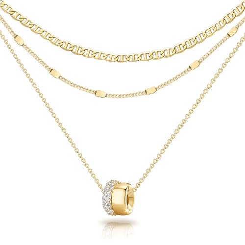 OGD Layered CZ Rondelle Pendant Necklaces for Women, 14K Gold Plated Trendy Mariner Chain Dainty Circle Rondelle Pendant Choker Necklace for Women Two-Toned Cubic Zirconia Gold Necklace - color: Gold Rondelle Layered-3PCS