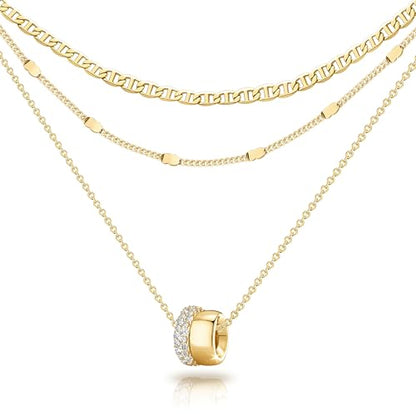 OGD Layered CZ Rondelle Pendant Necklaces for Women, 14K Gold Plated Trendy Mariner Chain Dainty Circle Rondelle Pendant Choker Necklace for Women Two-Toned Cubic Zirconia Gold Necklace - color: Gold Rondelle Layered-3PCS