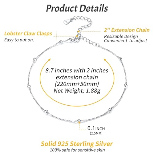 ChicSilver 925 Sterling Silver Ankle Bracelet for Women, Simple Cuban Link/Figaro/Twist Rope Chain Anklets for Beach Party(with Gift Box) - style: 04: Bead Chain-Silver