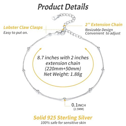 ChicSilver 925 Sterling Silver Ankle Bracelet for Women, Simple Cuban Link/Figaro/Twist Rope Chain Anklets for Beach Party(with Gift Box) - style: 04: Bead Chain-Silver