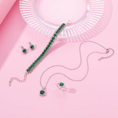 Paxuan 4pcs Cubic Zirconia Wedding Jewelry Sets for Bride Bridesmaid Cubic Zirconia Pendant Necklace Earrings Link Tennis Bracelet Open Ring Set for Women - color: Silver Plated Emeraald Green Cubic Zirconia