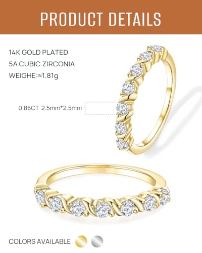 Stackable Half Eternity Rings for Women 14K Gold Plated Wedding Band | Cubic Zirconia/Emearld/Ruby/Sapphire 2.5mm Thin Promise Ring for Mom Wife friends - color: CZ/14K Gold Plated