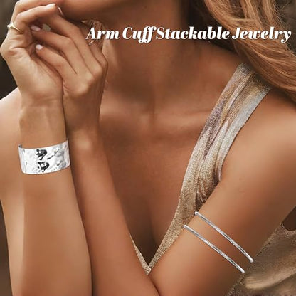 6 Pieces Upper Arm Cuff Arm Band Cuff Bangle Bracelet for Women Hammered Chunky Bracelets Open Wide Wire Bracelets Minimalist Coil Bangle Set Gold Sliver Wrist Cuff Wrap Bracelet Adjustable - color: Silver Cuff Bracelets A