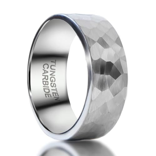 SX.man&sog Tungsten Carbide Rings for Men or Women,Stereoscopic Polygon Wedding Band for Men and Women Exchanging to Witness Each other's Loyal Love - color: Silver & Hammered - 8mm